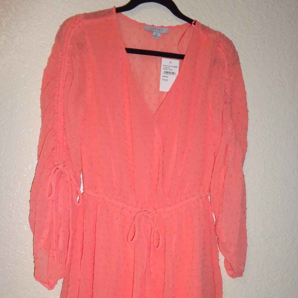 Burnt Coral Gathered Sleeve Swiss Dot Flow Dress